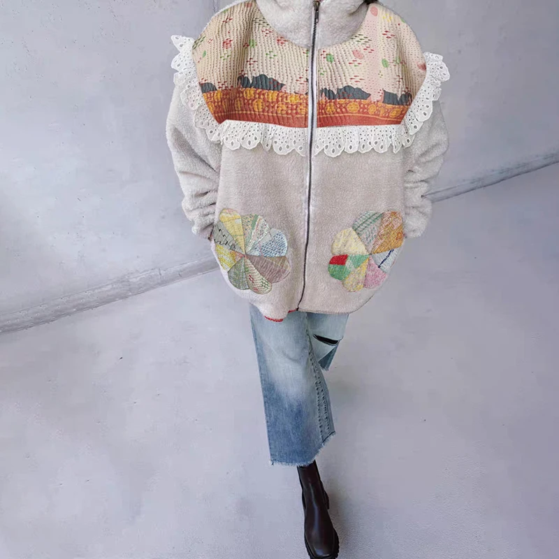 

Ele Loose Fit Fce Jaet with Patchwork Embroidered Flowers Stand Collar Women's ort Outerwear Polyester Fiber