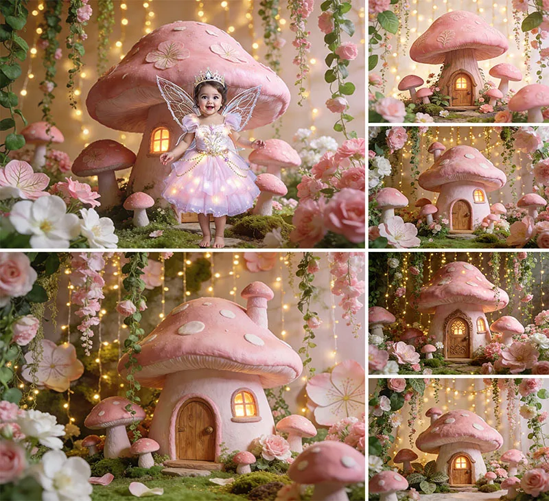 

Фон для фотосъемки «Волшебный лес» с розовыми грибами для детского дня рождения, декор для фотостудии, фон для портретов и фотосессий с тортом