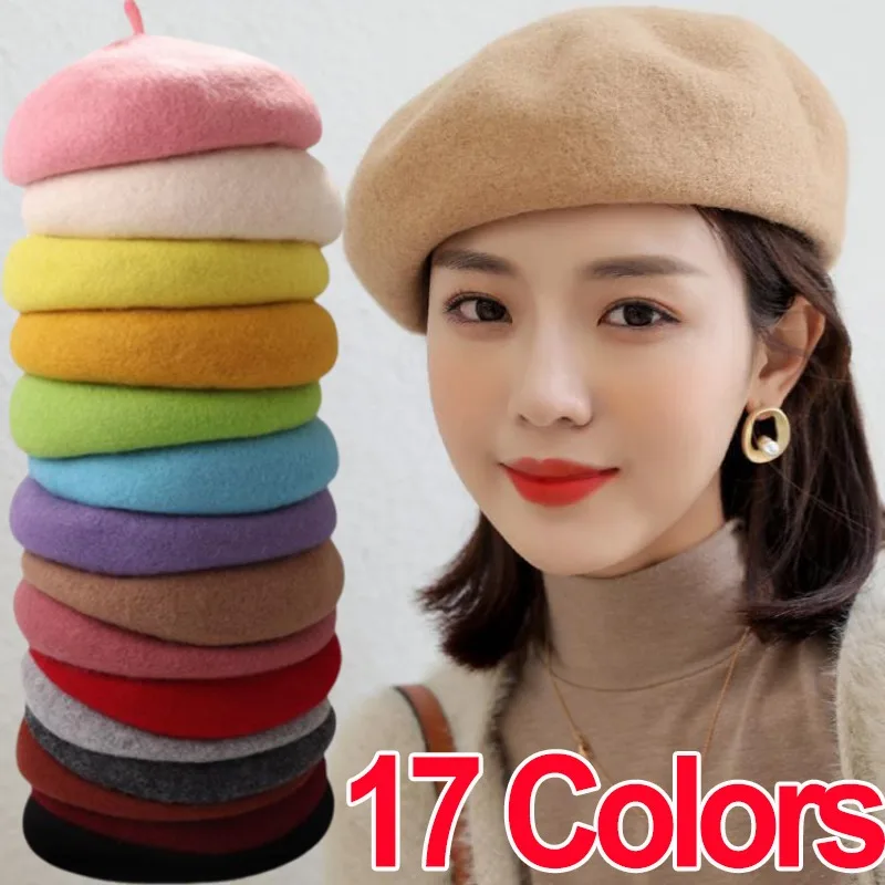 Women Wool Berets French Artist Style Warm Winter Beanie Hat Retro Plain Beret Solid Color Elegant Lady All Matched Autumn Caps