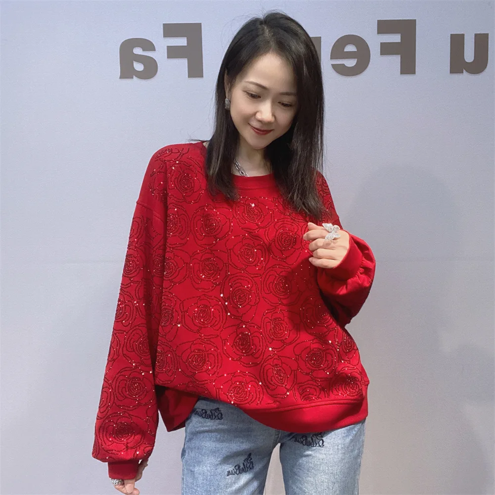 Ladies Rhinestone Short O-Neck Hoodies Autumn Winter New Fashion Versatile Loose Stylish Long Sleeved Top Pullover Sweatshirt