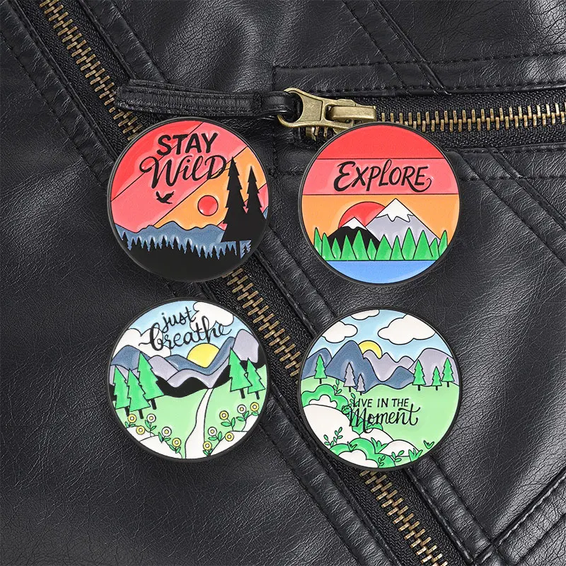Live In The Moment Mountain Meadow Enamel Pin Outdoor Style Brooch with Sunrise for Campers Hikers Daily Wear Gift