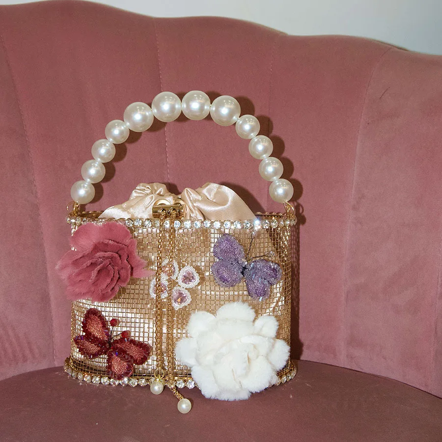 Metallische Blumen-Perlen-Handtasche, Glänzender Wasserdiamant-Gemüsekorb, Vogelkäfig-Bankett-Eimer-Umhängetasche – Detail 1