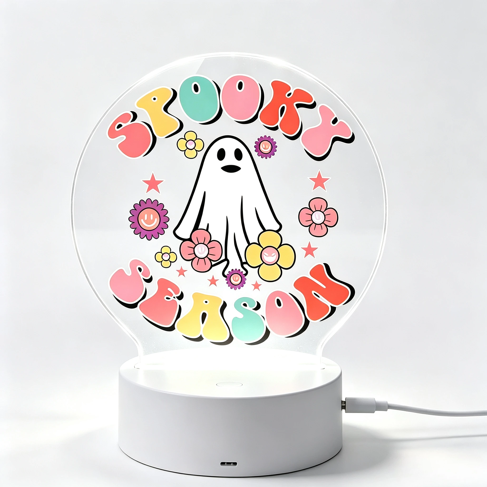 Spooky Season Retro Cute Ghost Flower Round Acrylic LED Night Light USB Powered Bedside Lamp Halloween Decorative Light Kids Bedroom Holiday Party Gift