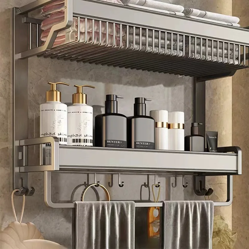 No Drill Aluminum Bathroom Shelf Set Towel Bars Storage Basket Hooks Multi Piece Wall Organizer Toilet Shower Apartment Use