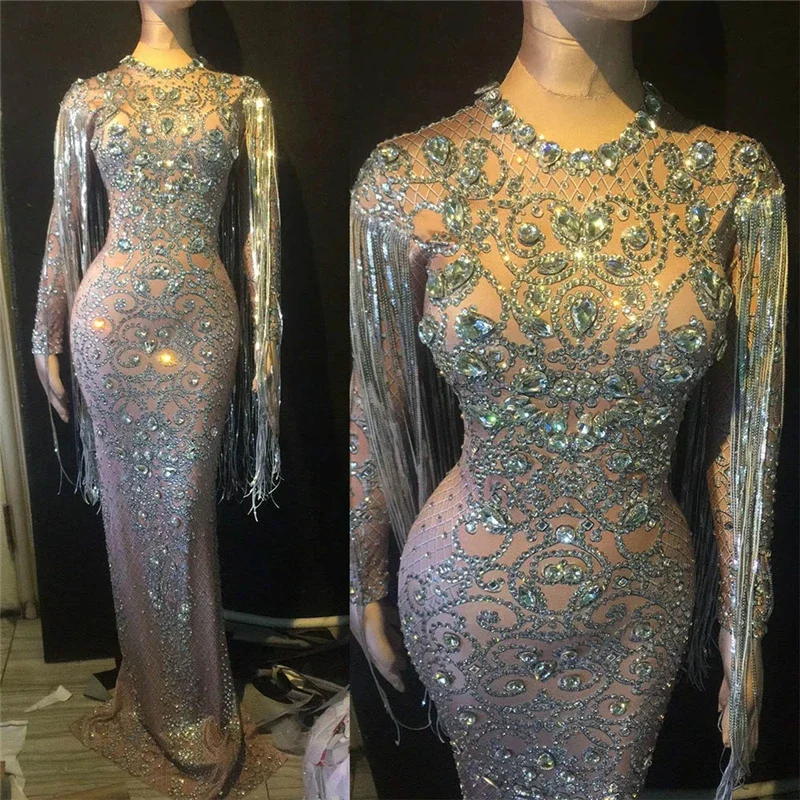 Diamants brillants strass femmes argent cristal longue gland robes au sol
