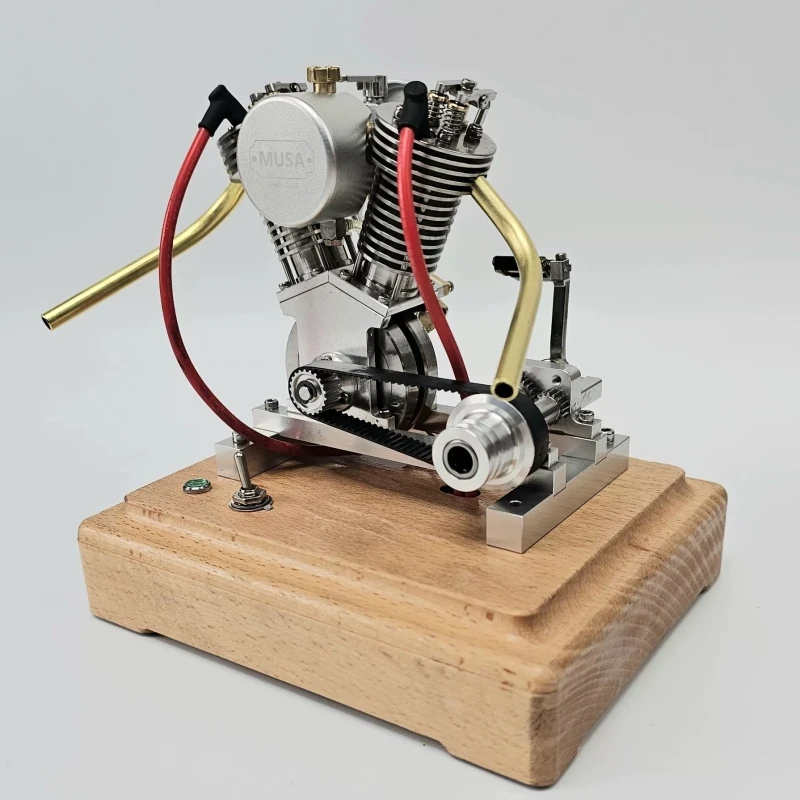 MUSA V2 Retro Gasoline Engine Model Kit Can Start Metal Stainless Steel Twin Cylinders 4 Stroke Engine with Wooden Base