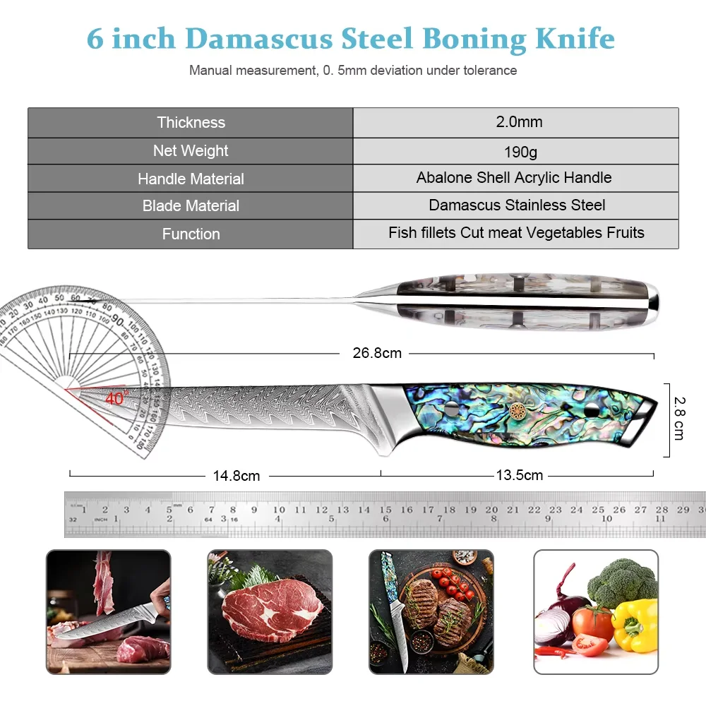 6 Inch Boning Knife Damascus Steel Sharp Professional Fillet Knife Curved Flexible Blade for Fish, Poultry,Chicken, Meat Cutting