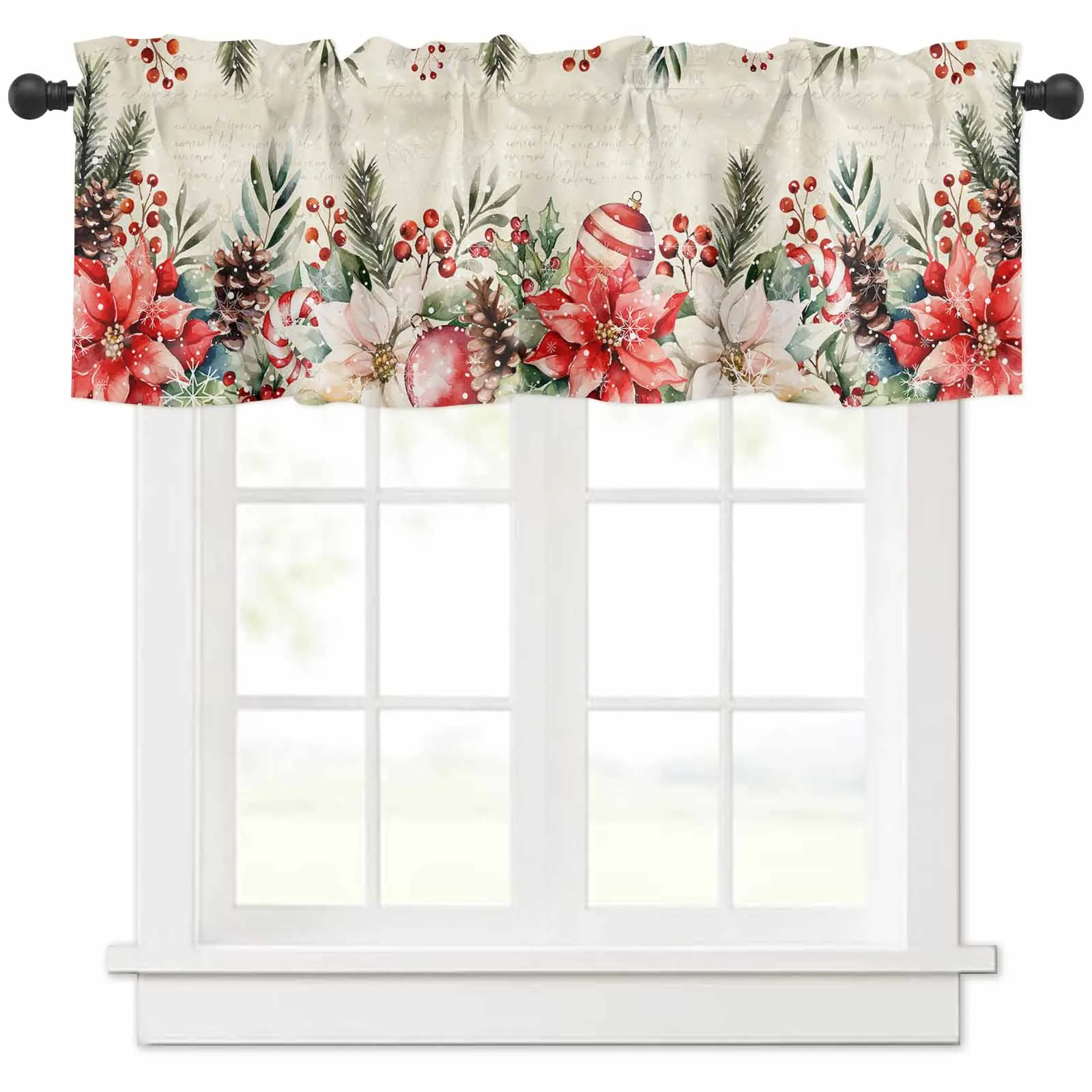 Christmas Poinsettia Berries Cedar Leaves Pine Cones Short Curtains Kitchen Cafe Wine Cabinet Door Window Curtains Home Decor