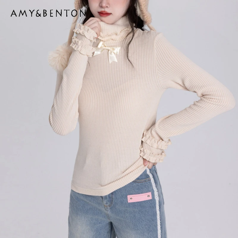 2024 New Autumn Fungus Edge Pile Collar with Knitted Top Inside Multi-Color Turtleneck Bottoming Shirt For Women