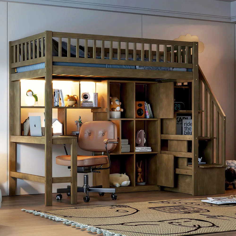 

Wood Twin Size Loft Bed with Built-in Desk, LED, Storage Shelves, Cabinets and Staircase, Walnut