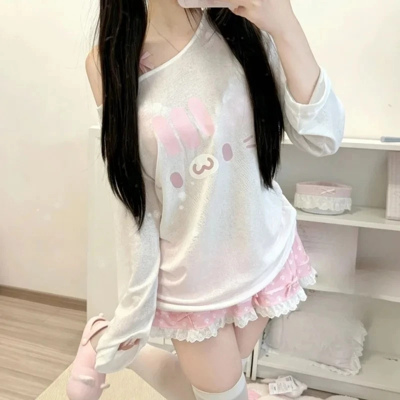 2000s Japanese Style Lolita Kawaii Women Shirts Y2k Harajuku Vintage Long Sleeve Autumn Tees American Sweet Print T Shirts Chic