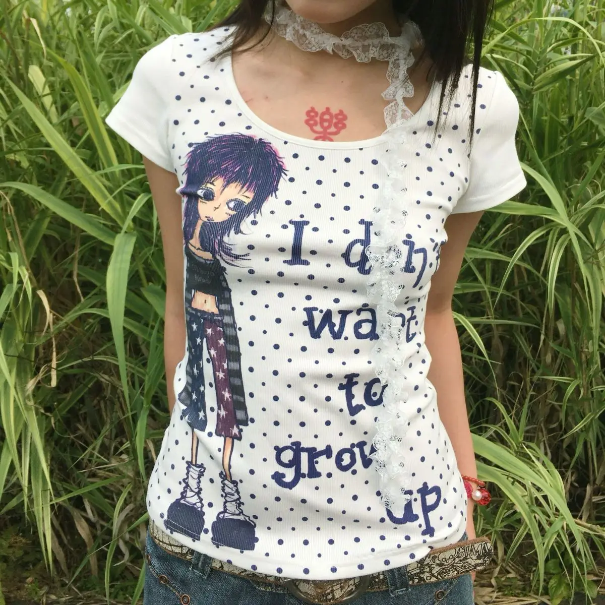 Japanese Y2k Anime Print T-shirt 2000s Polka Dots T Shirts Vintage Harajuku Short Sleeve Tee American Retro Street hottie top