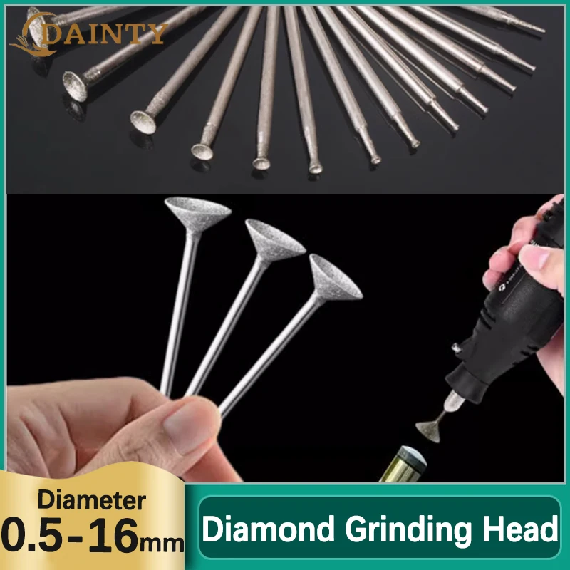 2.35/3mm Shank Diamond Grinding Head Spherical Concave Jade Carving Burrs Polishing Engraving Tools Dia 0.5-16mm
