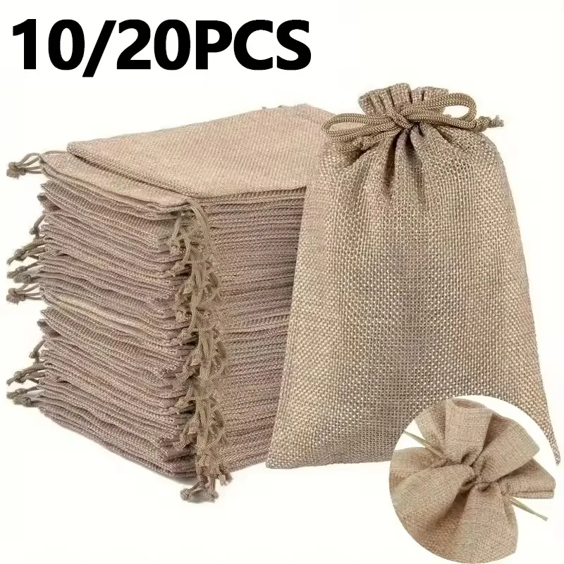 10/20PCS Brown Drawstring Burlap Bag Gift Bags DIY Wedding Favor Gift For Packaging Candy Chocolate Jewery Holiday Supplies
