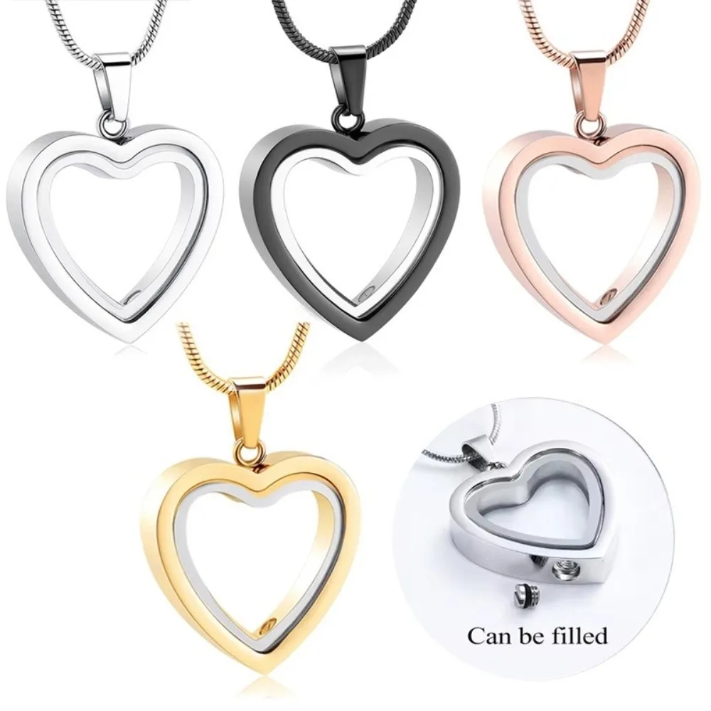 Stainless Steel Pet Memorial Lockets Love Heart Fill-able Heart Pendant Dust-proof Sealed Keepsake Urn Necklace Remembrance