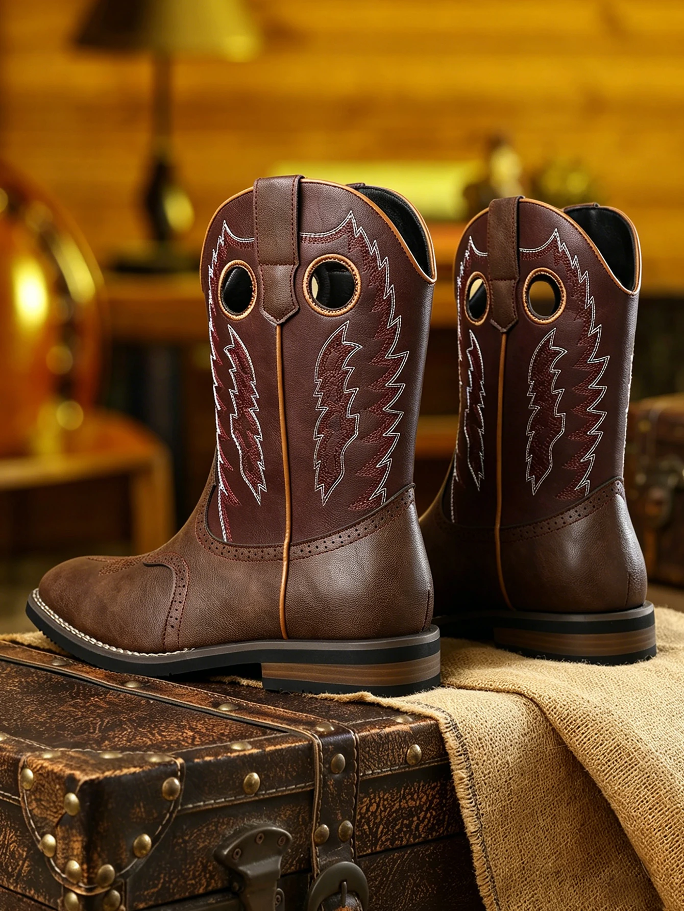 

Retro Embroidery Men's High Boots, Hand Stitching Pointed Toe Western Cowboy Boots, Outdoor Leather Footwear