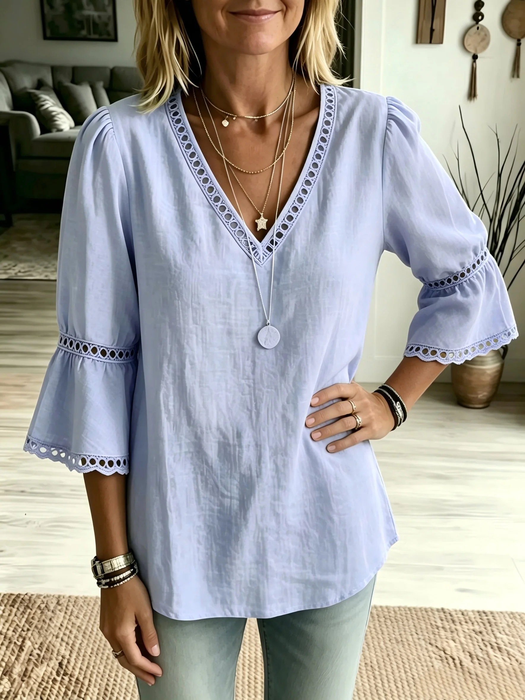 Elegante, lässige Damenbluse mit langen Ärmeln – perfekt für den Wochenendurlaub – Detail 1