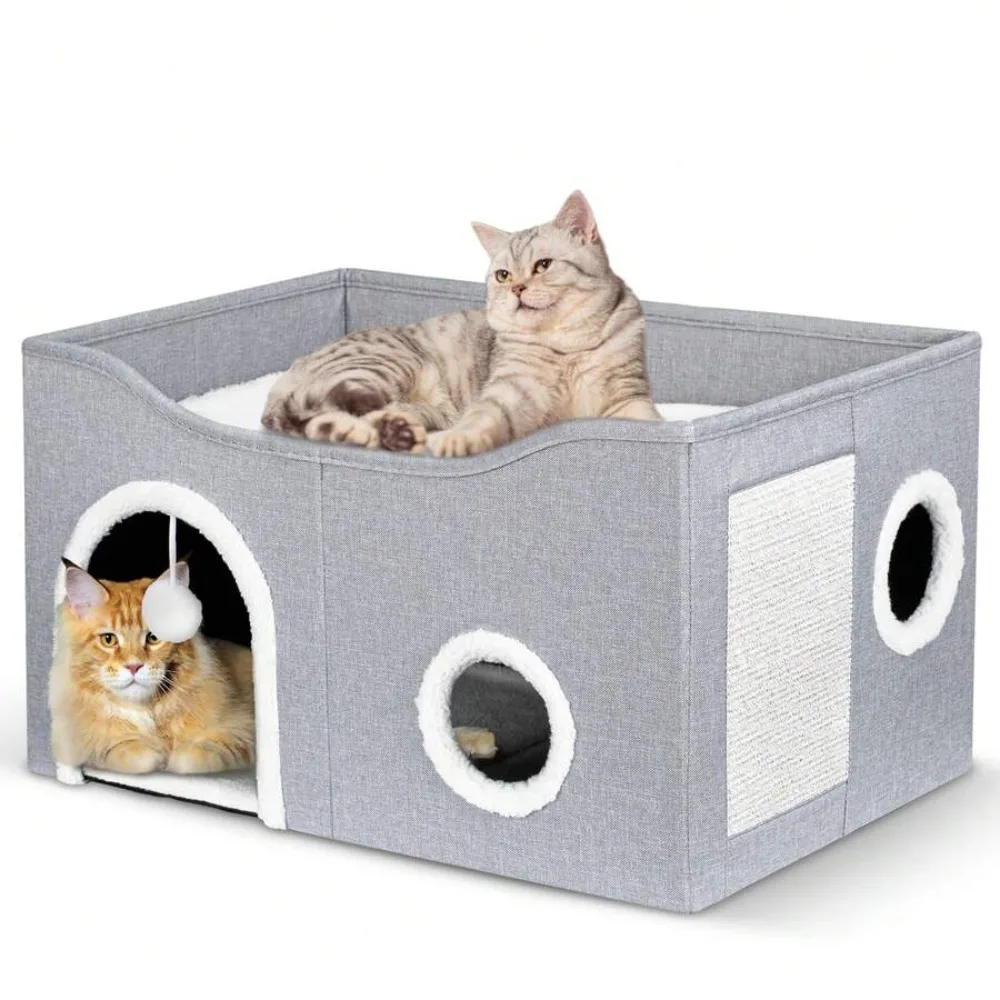 

Large Cat Bed Cave With Fluffy Ball And Scratch Pad, Foldable Cat Houses & Condos, Cat Cubes,
