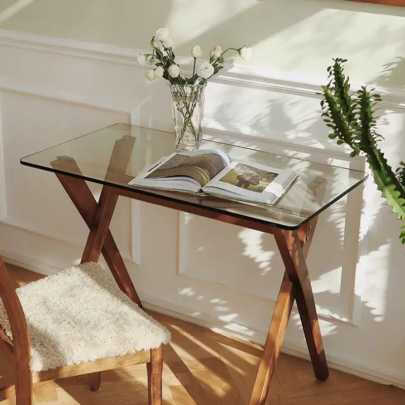 Tempered glass desk household small apartment dining table rectangular negotiation table