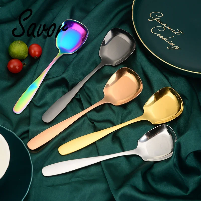 Plat bottom Spoon Stainless Steel Square Dinner spoons Rice Dinnerware Child Long Handle Drink  for Ice Cream Dessert Salad