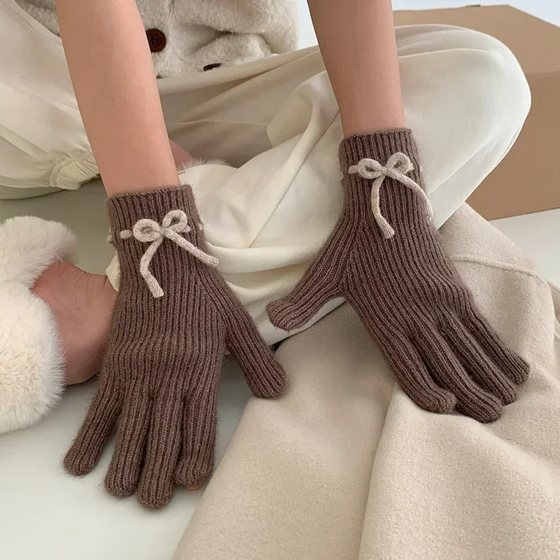 Korea Knitted Bow Gloves Lolita Winter Warm Fullfinger Touch Screen Gloves Kawaii Japanese Jk Y2k Mittens Cycling Accessories