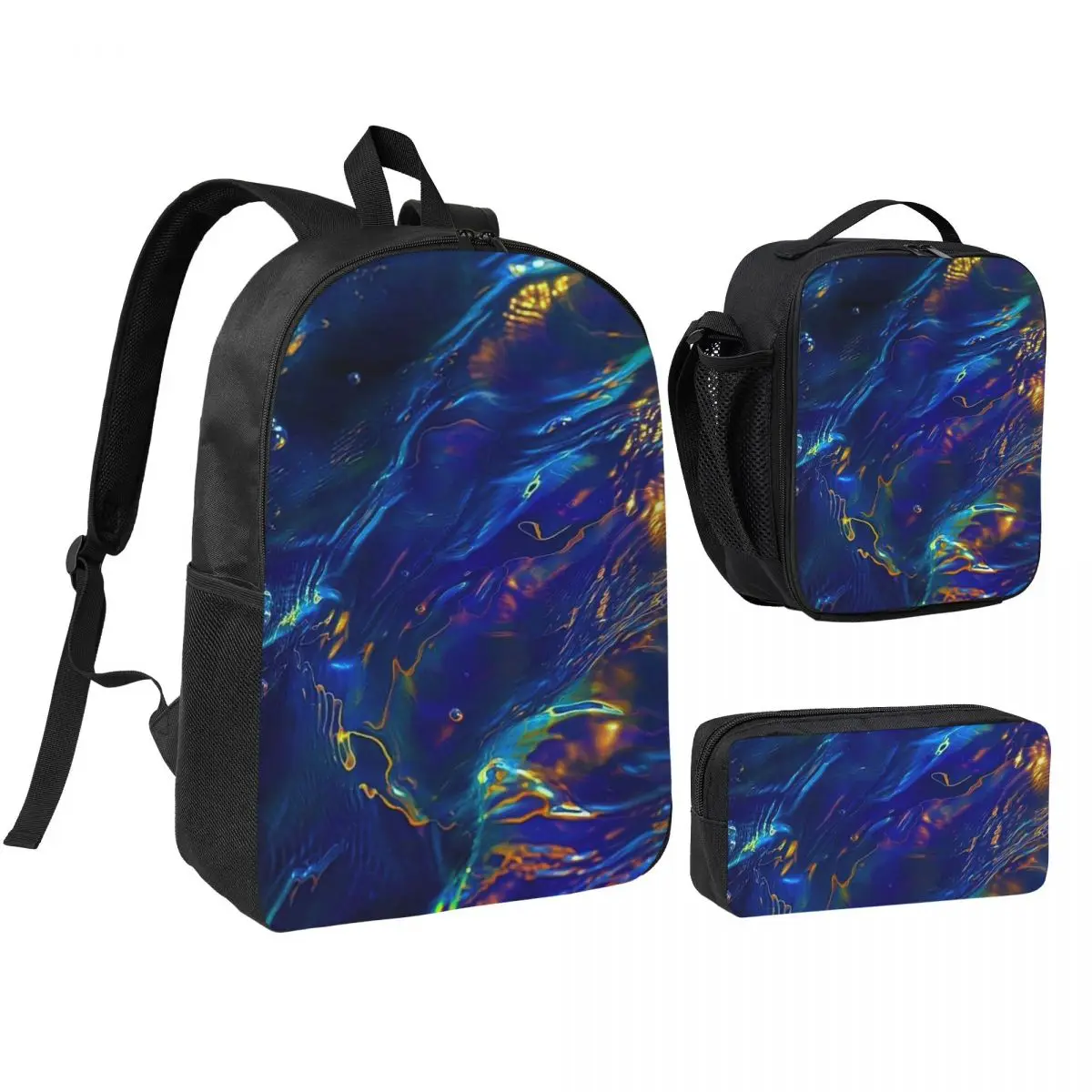 

Water Wave Design 11 Backpack Boys Girls BookBag School Bag Shoulder Bags 3ps Insulated Lunch Bag Pencil Case