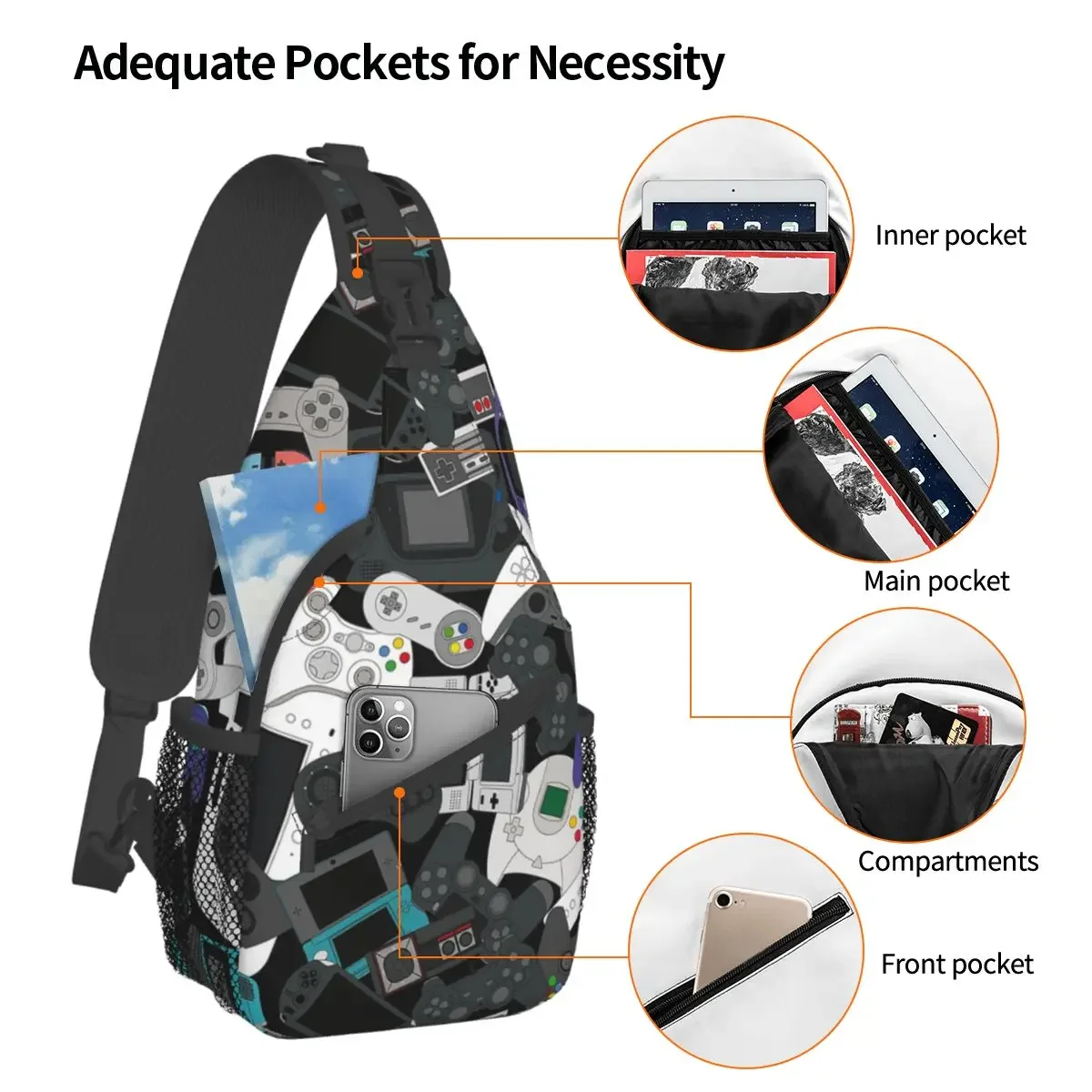 Gamer Controller All Crossbody Sling Bags Casual Chest Bag Video Game Shoulder Backpack Daypack for Travel Hiking Cycling Bag