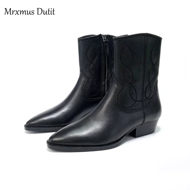 Mrxmus Dutit 2024 Autumn Winter Fashion New Women Genuine Leather Boots Rough Heel Pointed Head Simple Casual Vintage Female