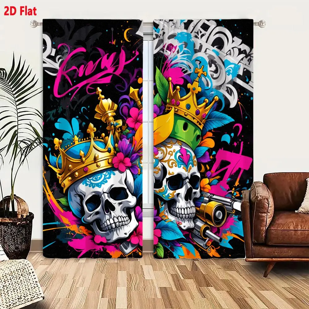 2Pcs Curtains 2D Flat Kings Day Of The Dead Skulls With Crowns Tropical Flowers Graffiti Tags And Crossed Pistols On Black Backg