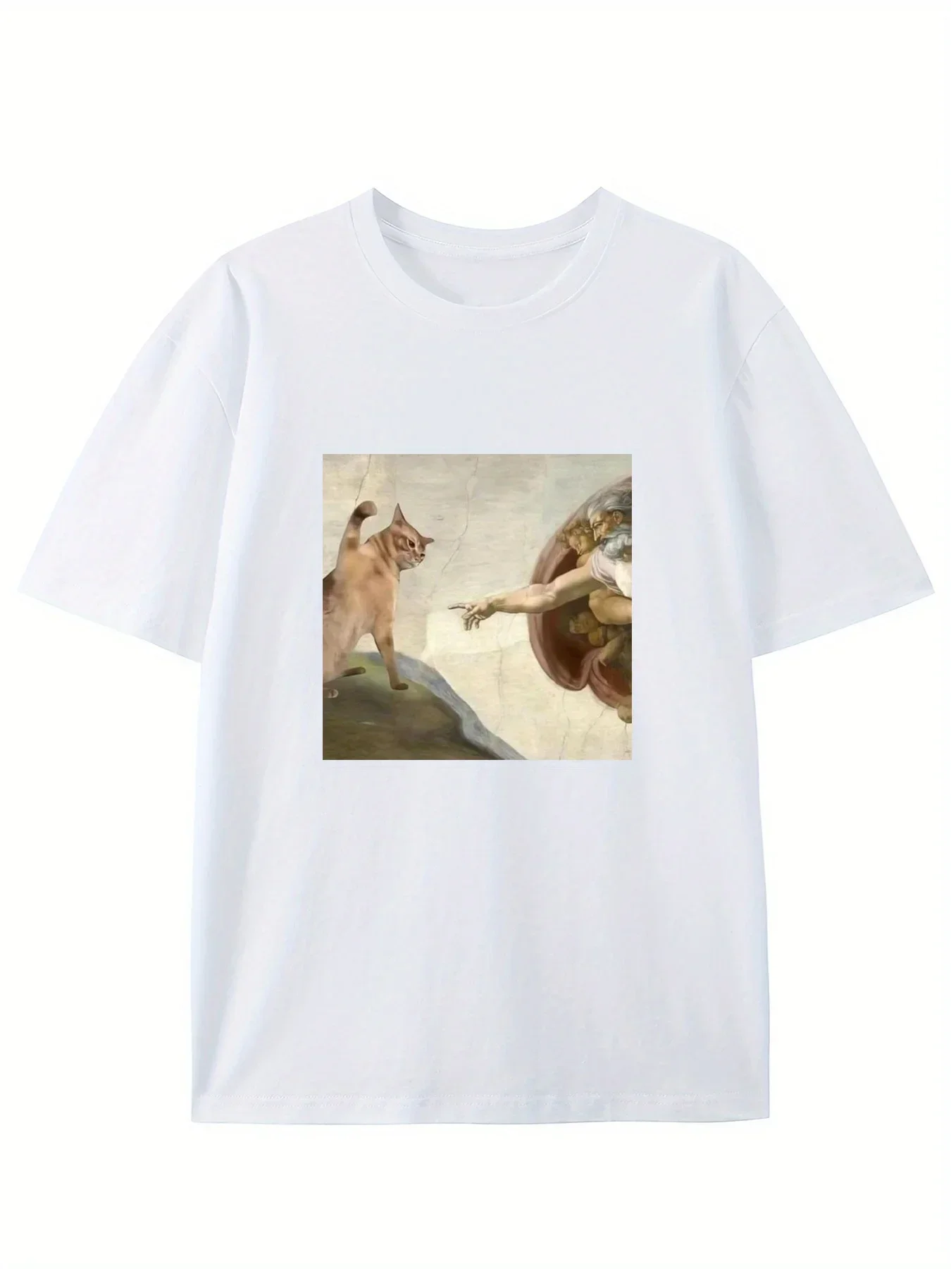 Camiseta gráfica de parodia de creación de gatos y Adán, camiseta informal con cuello redondo, camiseta de manga corta para mujer, Top informal de moda de verano
