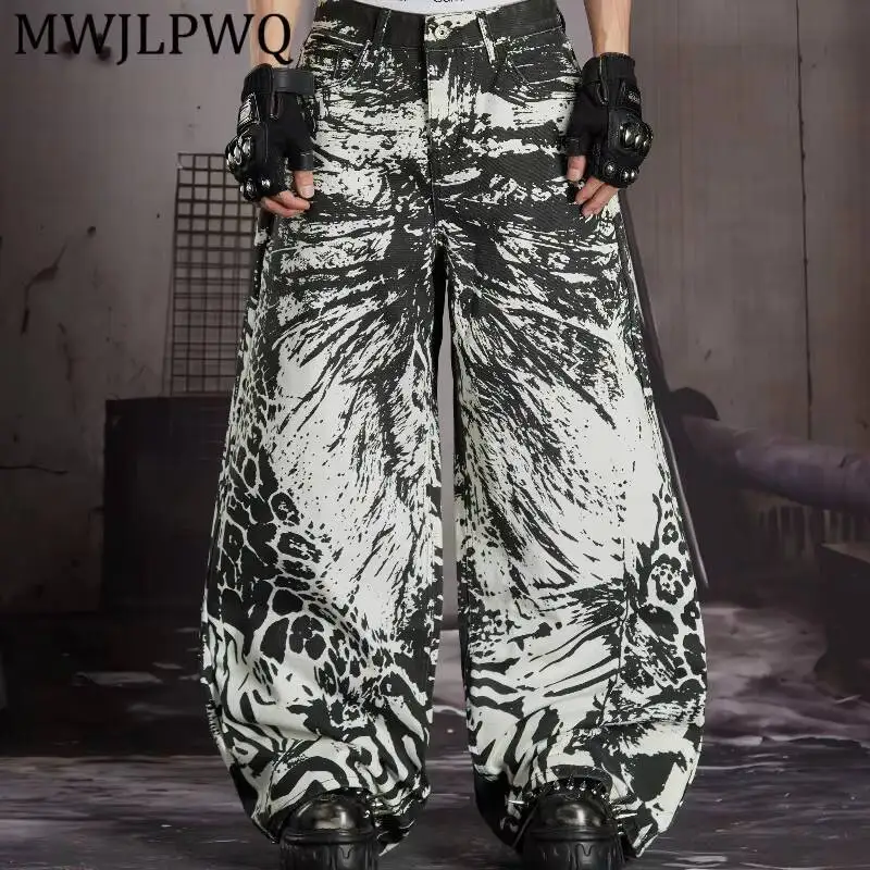 MWJLPWQ Mixed Animal Print Wide Leg Denim Jean Zebra Leopard Full Pattern High Waist Men Punk Street Loose Casual Bottom 16936