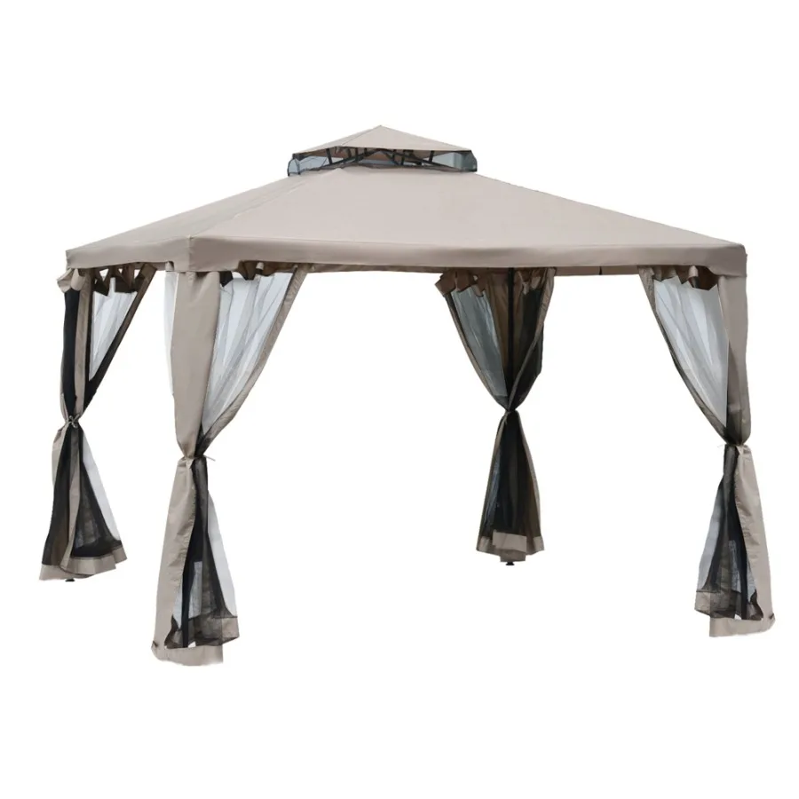 

9.6' x 9.6' Patio Gazebo Outdoor Canopy Shelter with 2Tier Roof and Netting Steel Frame for Garden Lawn Backyard and Deck Taup