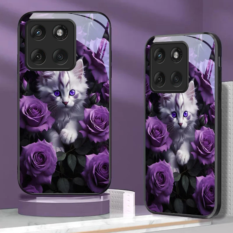 Kitten Purple Roses Black Glass Phone Case For Motorola Moto Edge 60 20 Lite 30 70 Pro 40 Neo 50 Ultra G14 G22 35 75 Back Cover view 5