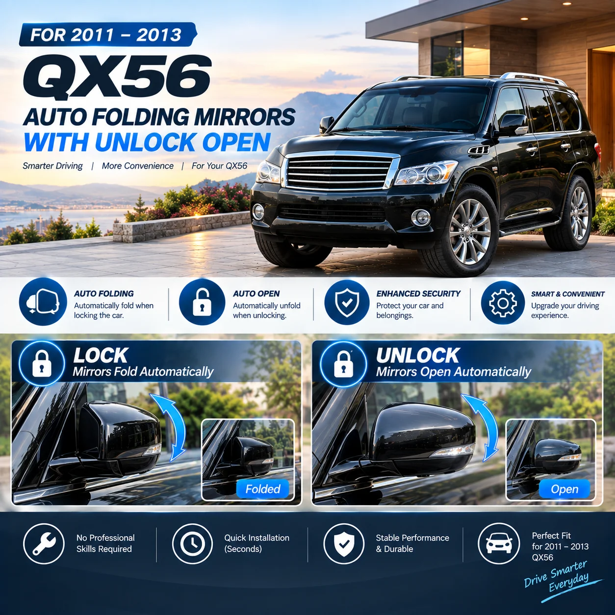 Dedicated retrofit kit for Infiniti QX56 (2011–2013 models): mirrors fold upon locking and unfold upon unlocking