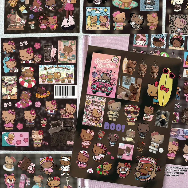 

8pcs Hello Kitty Stickers 8 Sheets Black Skin Die Cut Waterproof Sweet Cool Y2k For Journal Scrapbook Laptop Phone Decoration