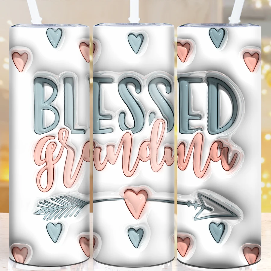 20oz 3D Print Blessed Grandma Tumbler Straw Lid 1Pc Stainless Steel Insulated Water Family Party Festive Supplies Birthday Gifts