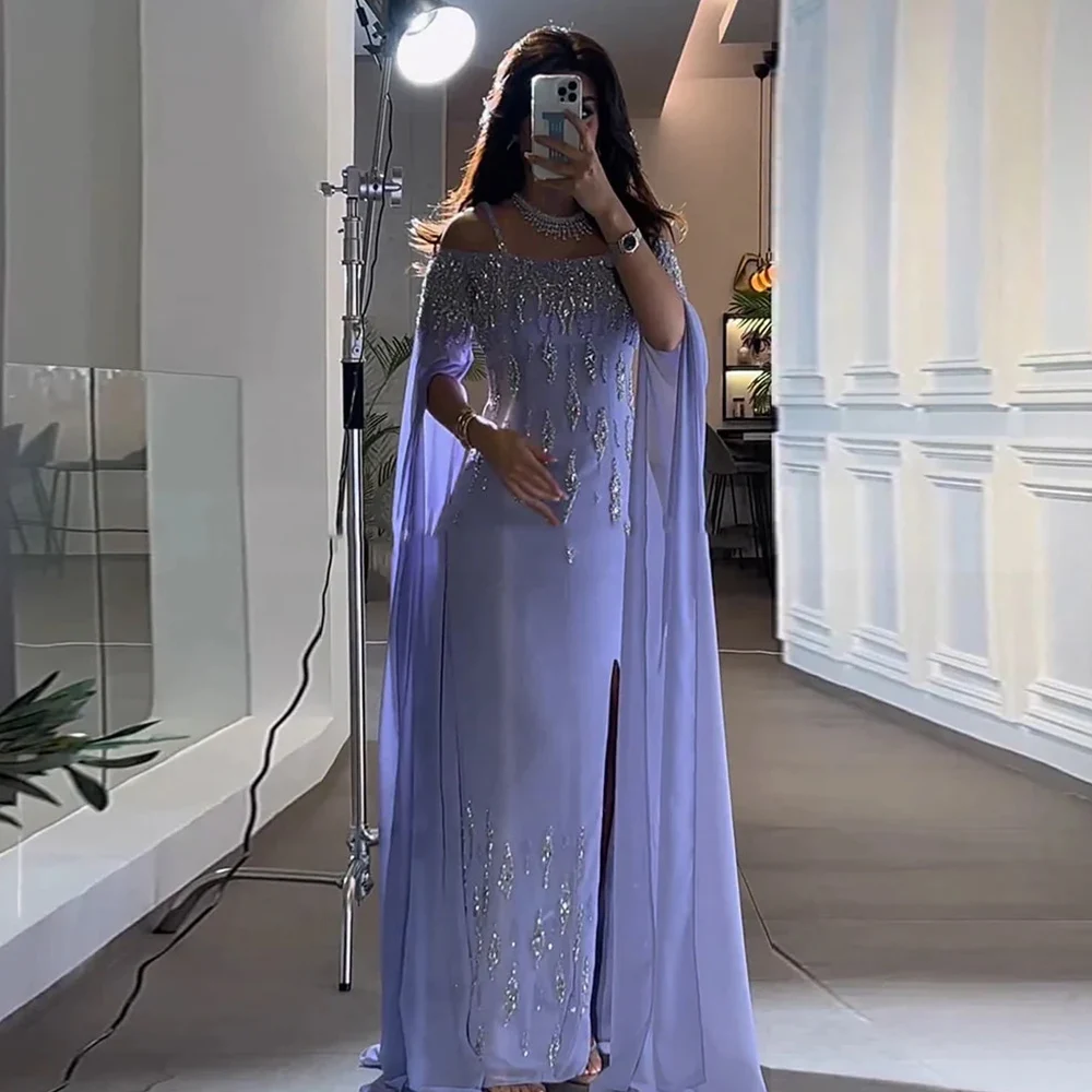 

Saudi Dresses for Special Occasions Chiffon A-line Prom Dress Lavender Off-the-shoulder Cloak Sleeves Split Evening Gown Long
