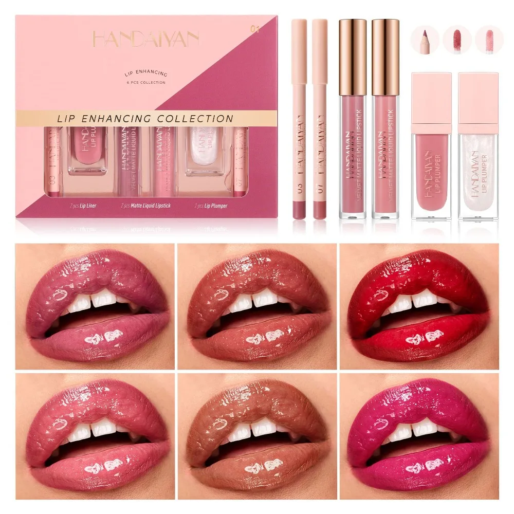 Kit completo de 6 peças para lábios, à prova d'água, brilho e óleo, maquiagem hidratante profissional de longa duração para presente de festa diária