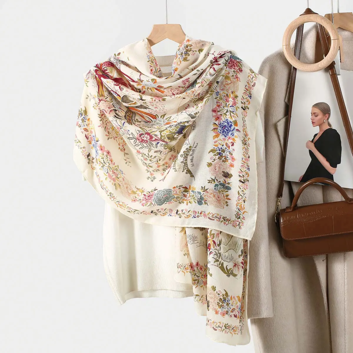 180x90cm Simple Elegance Floral Bird Print Silk Scarf Lyric Velvet Korean Style Countryside Flower Warm Sunscreen Large Shawl image 2