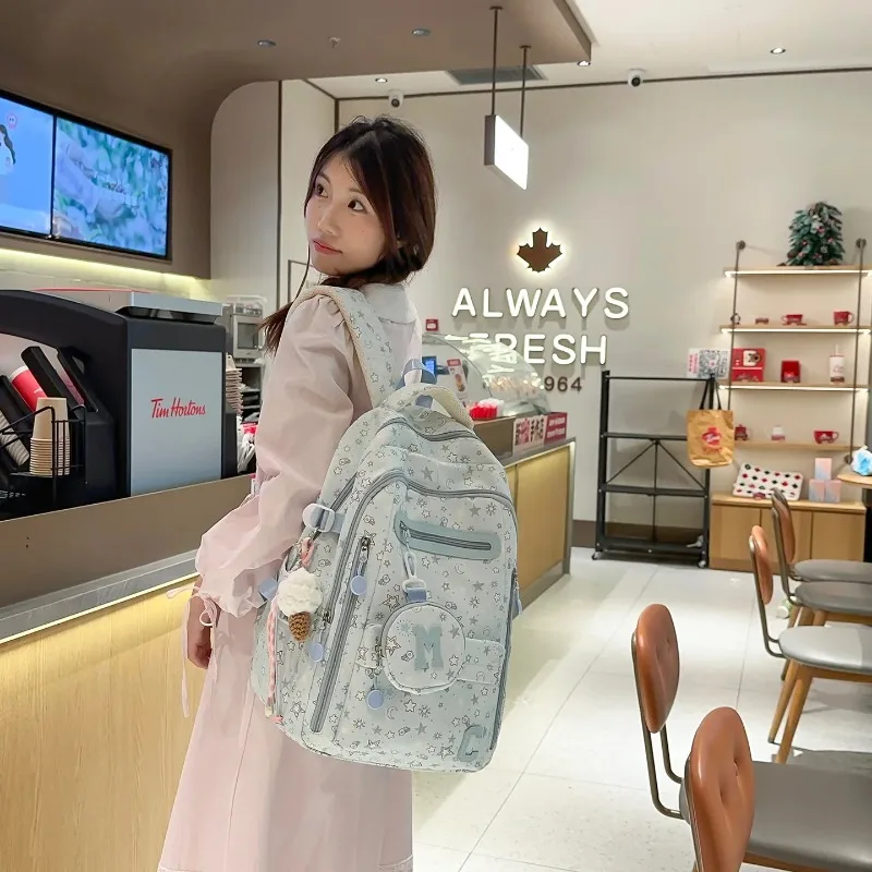 Waterproof Nylon Backpack Large Capacity for Junior High School Students Fashionable Wear Resistant Star Print Bag