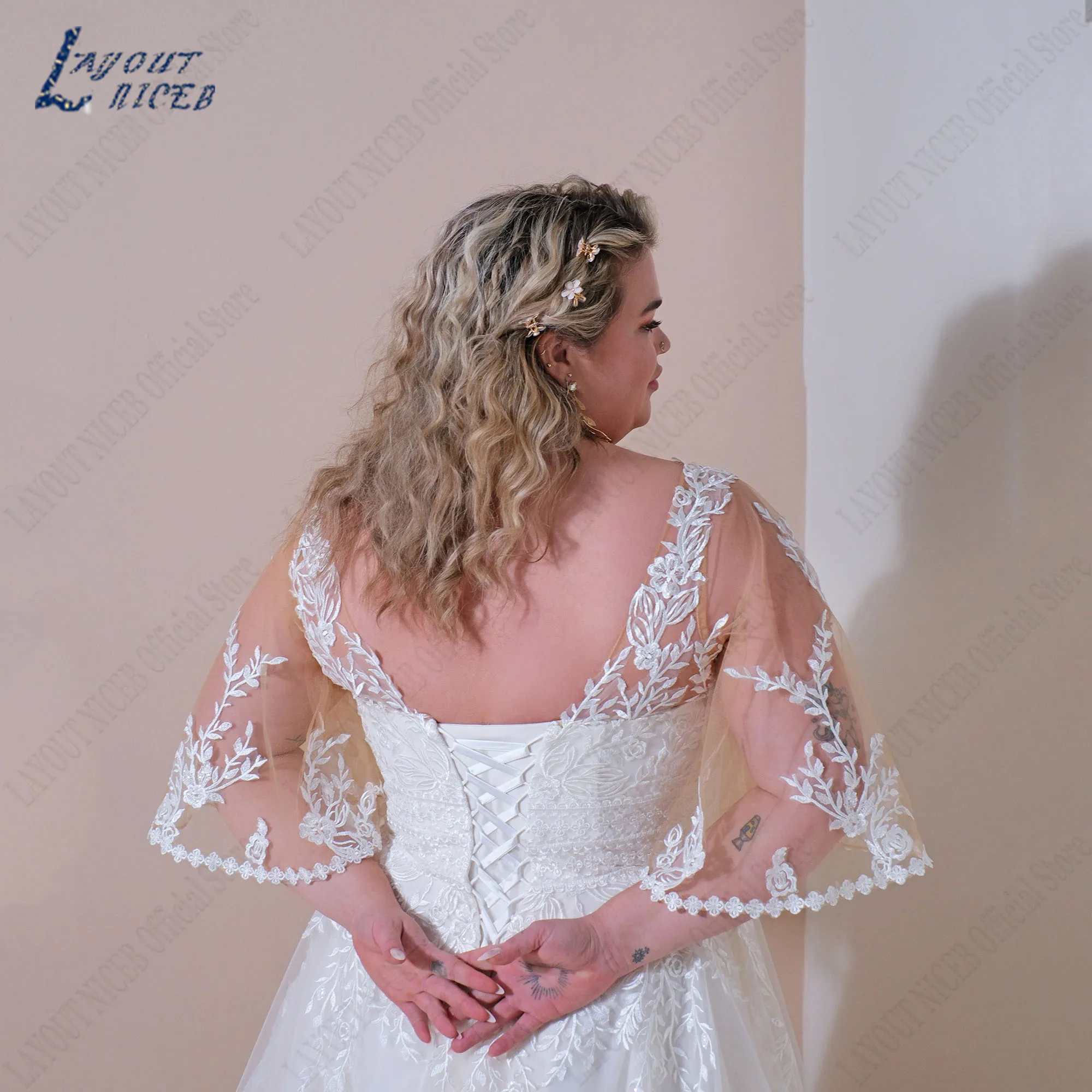 DISPOSITION NICEB-Robe de mariée à manches chauve-souris pour femme, grande taille, col en V, appliques A-Line, mariée, lacets, train de balayage, personnaliséMise en page niceb robe de mariée plus taille bat manches V