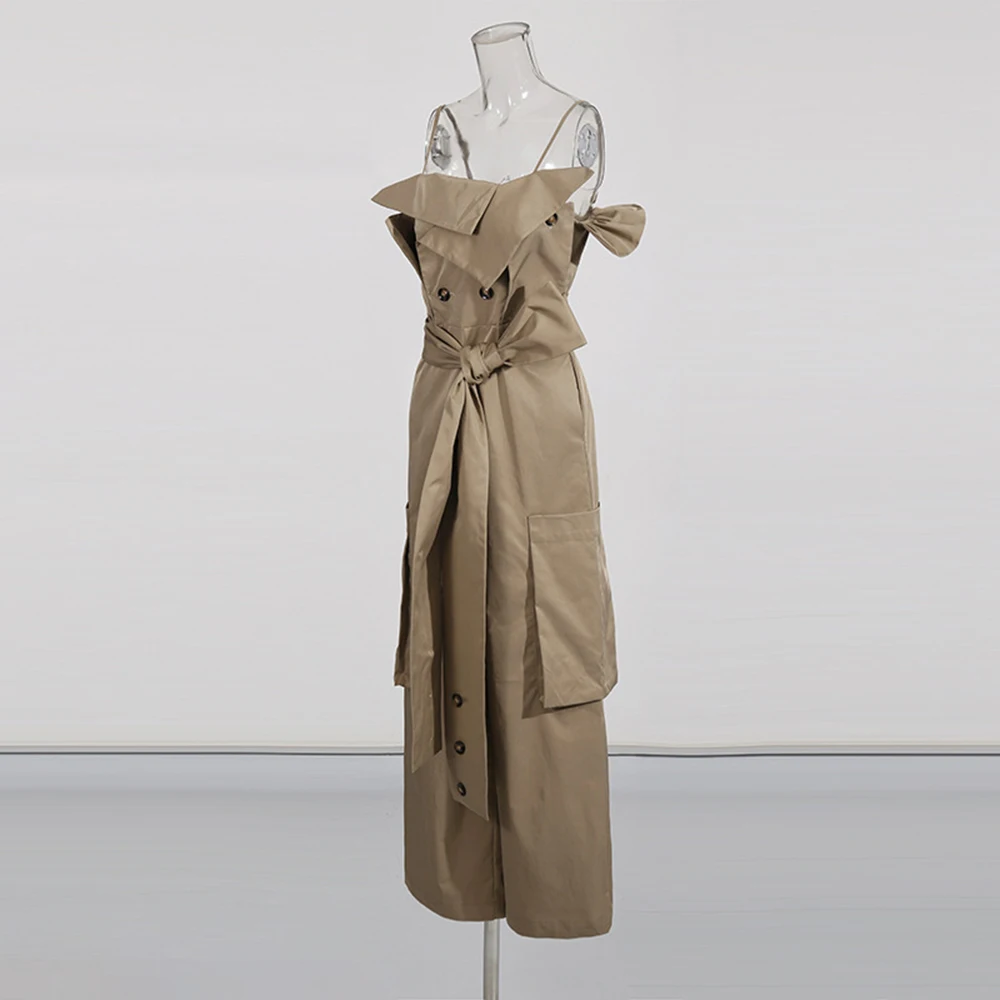 الكاكي حزام الخصر الخصر Cinching ملابس العمل جيب أكمام الحمالة بذلة 2025 شتاء جديد الملابس النسائية