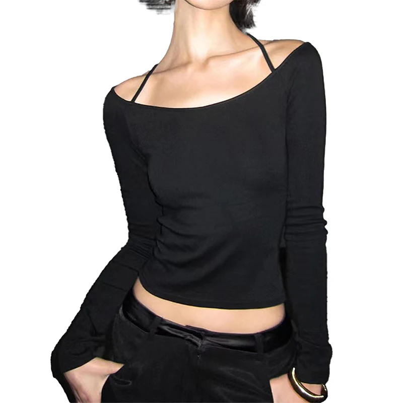 Sexy Neckholder, schulterfrei, langärmelig, für Damen, Y2K, dünn, über dem Nabel, abgeschnittene T-Shirts, 2022, modische, würzige Mädchen, schwarze, schmale Oberteile