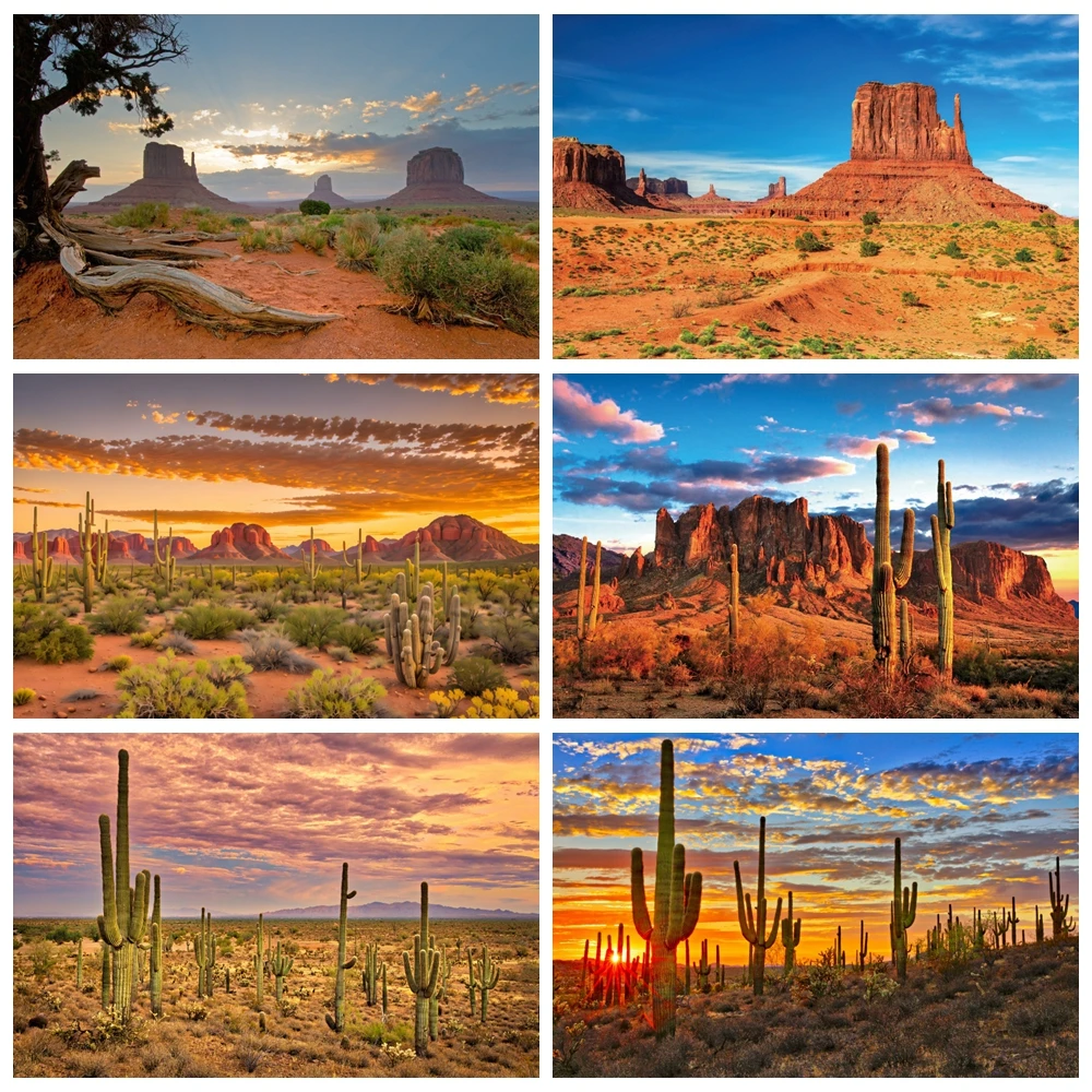 Western Desert Cactus Photography Backdrops Dusk Mountain Shrub Hillside Desert Scenery Adults Portrait Background Photo Props
