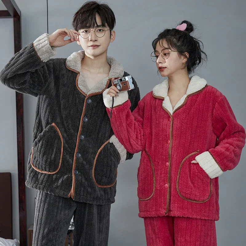 Sleepwear Nightwear Men Women Couple Pajamas Warm Flannel Pajama Sets Coral Fleece Long Sleeve Fleece Sleepwear Loungewear Sets