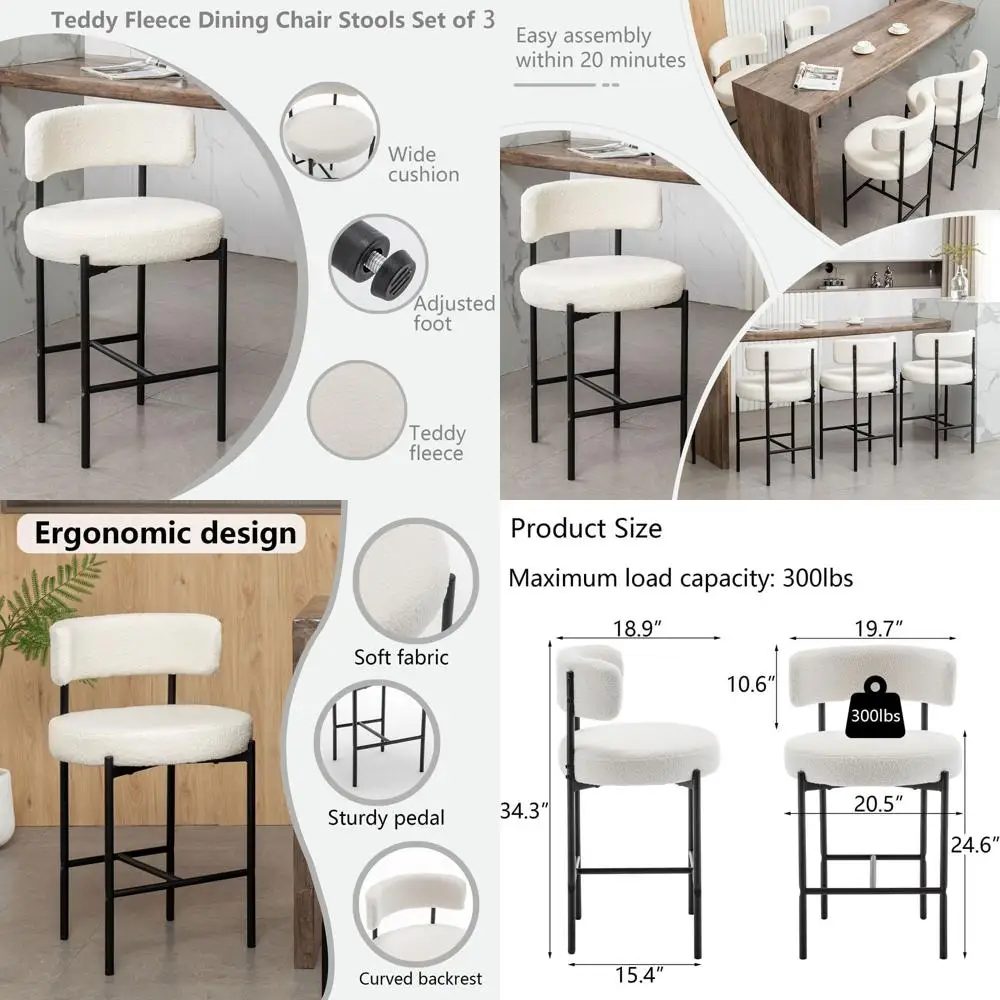 

Set of 3 White Upholstered 24 Counter Height Stools with Backs for Kitchen Island or Bar
