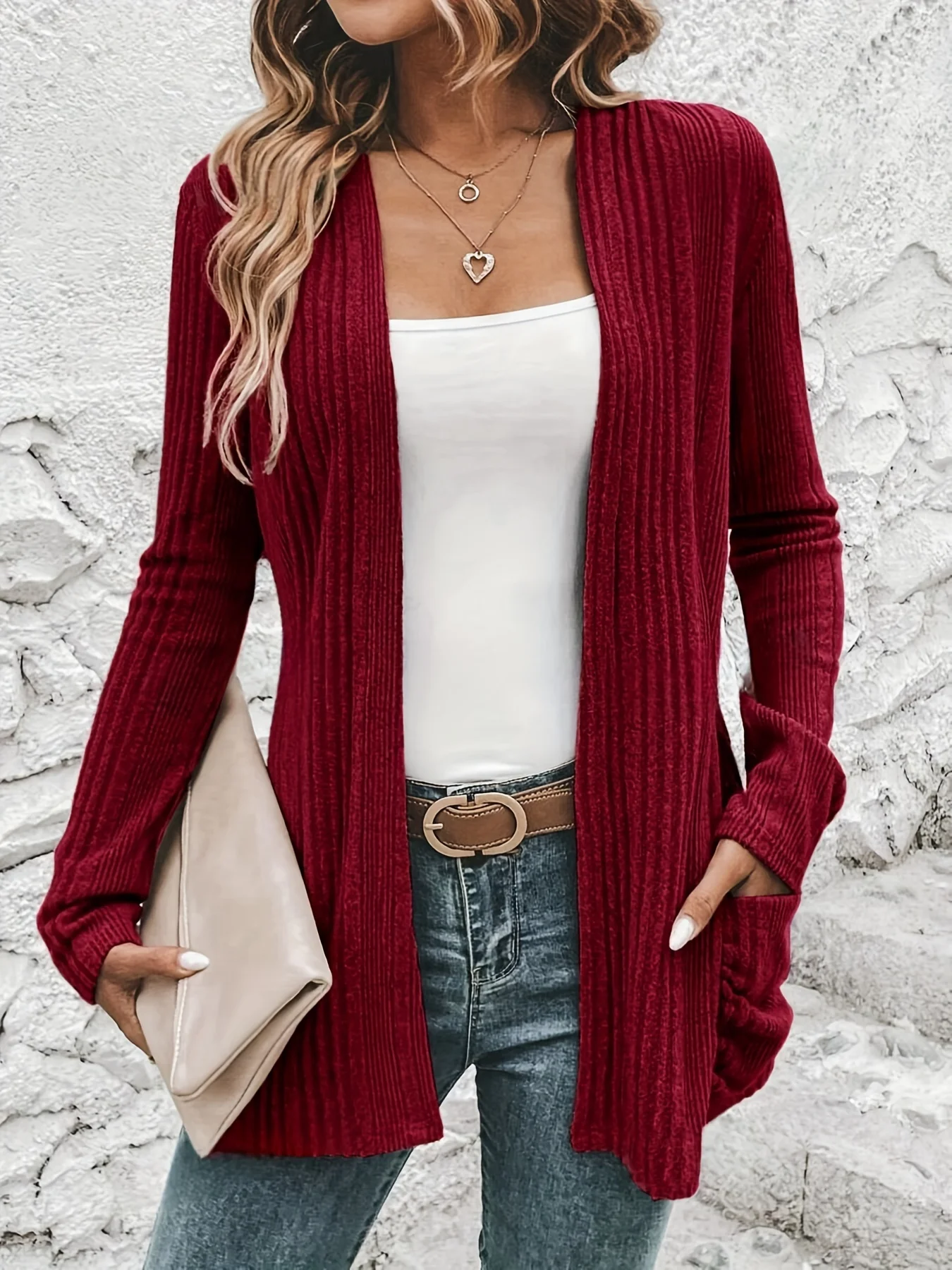 Elegant open front solid cardigan, long sleeve double pocket cardigan, suitable for spring and autumn, women\'s clothing