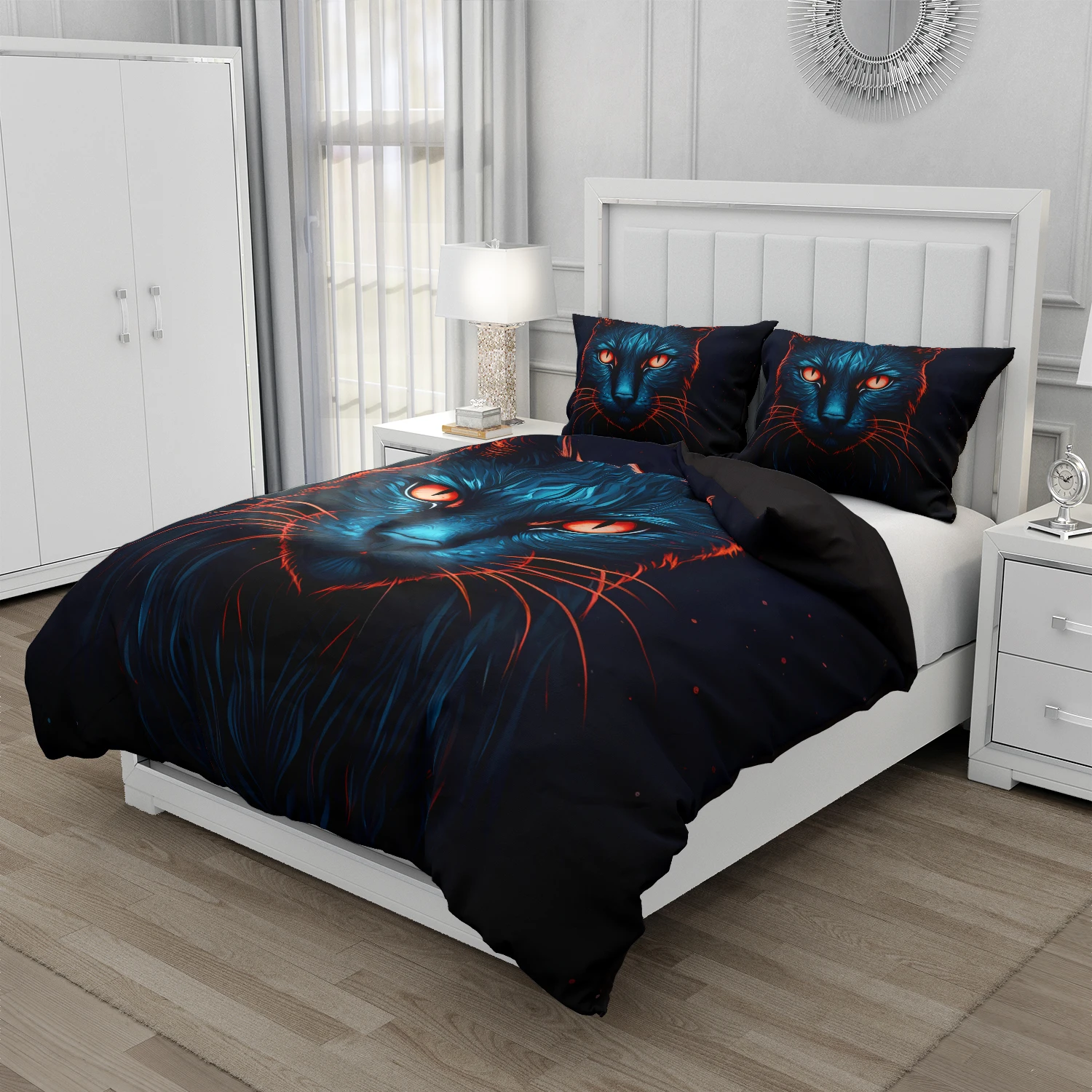 3D Printed Cat Red eyes Duvet Cover Set - Ultra Soft Bedding Set for Youth, Twin/Full/Queen/King Size 140x200cm, Animal Design