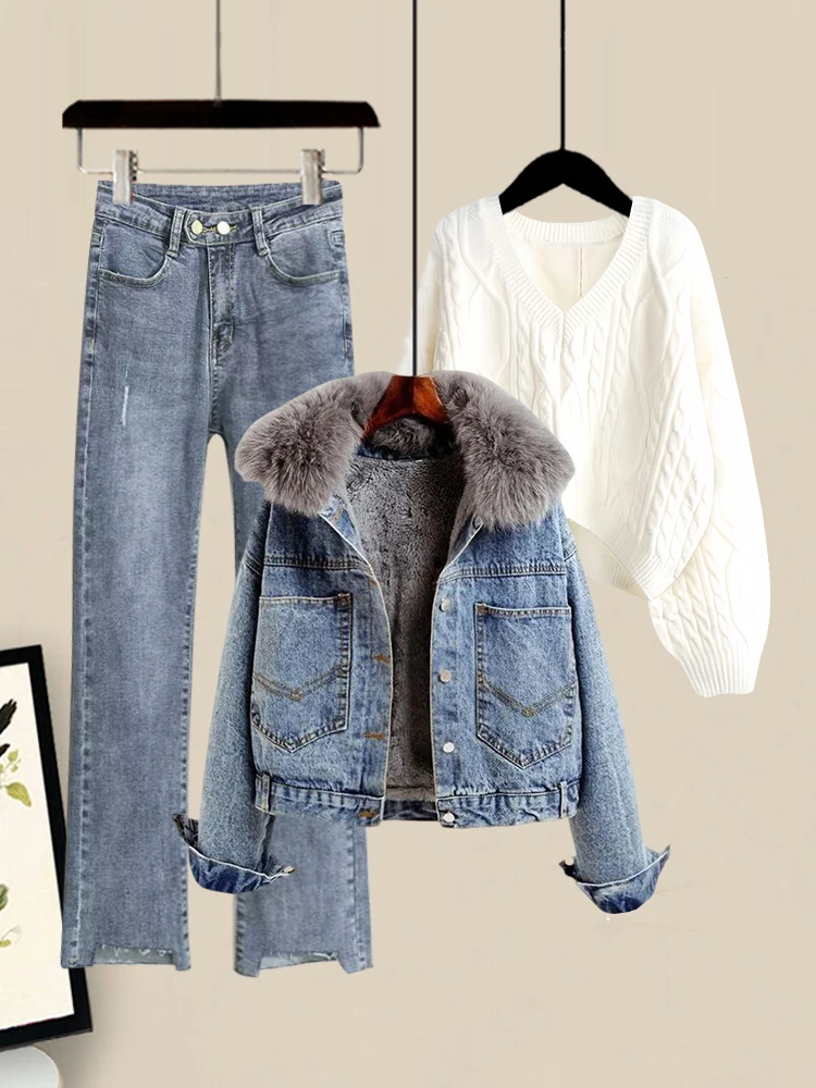

Thickened Fleece Denim Three-Piece Set Women's Loose Korean Style Cotton Coat Warm Hole Sweater Pencil Pants Autumn Winter