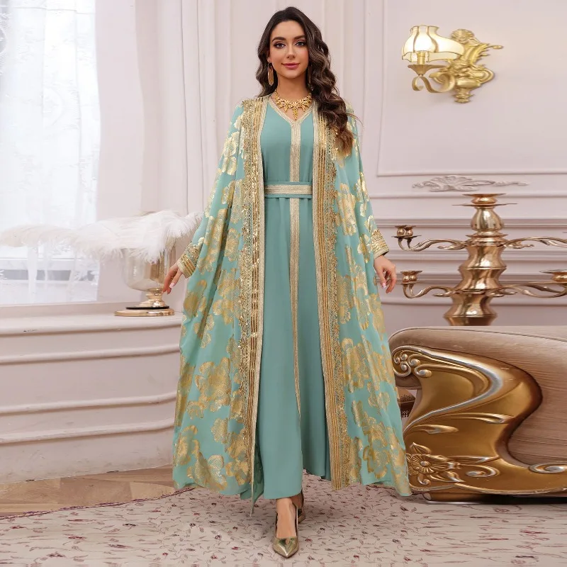 Middle East Gold Embroidered Jalabiya Two Piece Dress Dubai Party Wear Long Robe